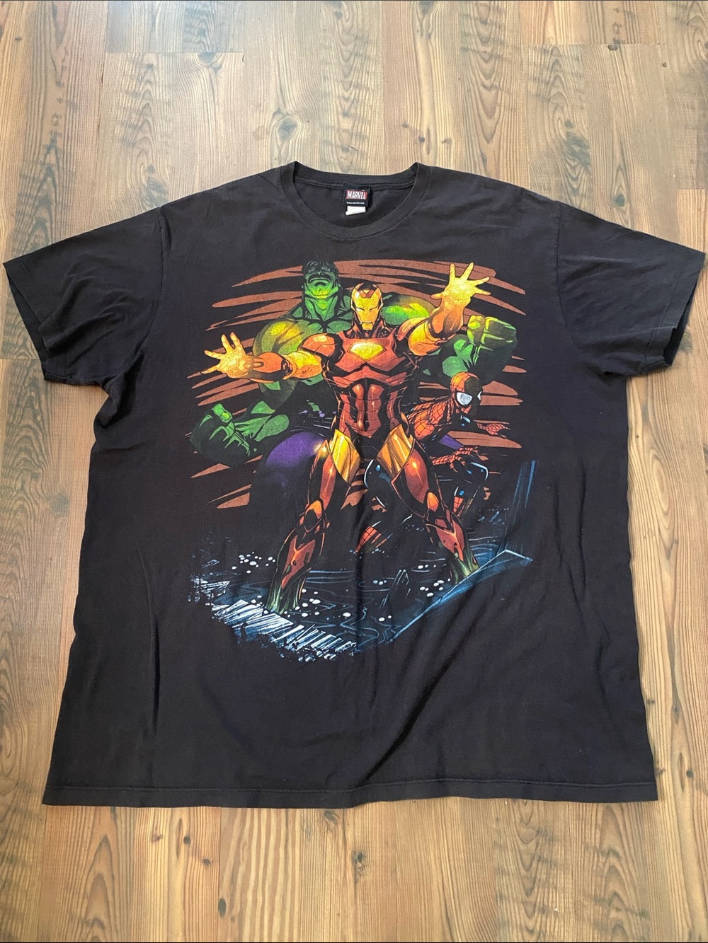 Vtg Marvel Graphic Black Men's XL T-Shirt featuring Iron Man & Hulk -
